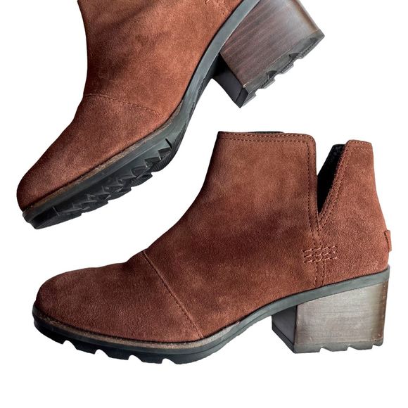 Sorel Cate Suede Cut Out Heeled Booties Burro Brown - Picture 3 of 17
